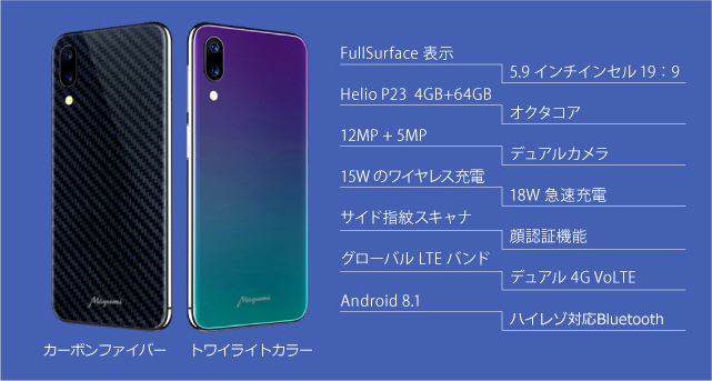 カーボンファイバー トワイライトカラー FullSurface表示 5.9 インチインセル19：9 Helio P23  4GB+64GB オクタコア 12MP + 5MP デュアルカメラ 15Wのワイヤレス充電 18W急速充電 サイド指紋スキャナ 顔認証機能 グローバルLTEバンド デュアル4G VoLTE Android 8.1 デュアルスピーカーステレオ